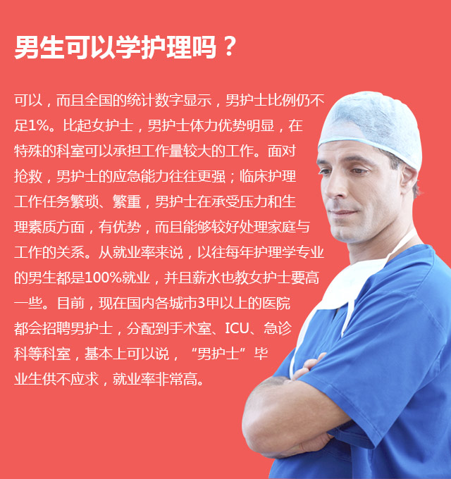 男生可以學(xué)護(hù)理嗎?可以，而且全國的統(tǒng)計數(shù)字顯示，男護(hù)士比例仍不足1%。比起女護(hù)士，男護(hù)士體力優(yōu)勢明顯，在特殊的科室可以承擔(dān)工作量較大的工作。面對搶救，男護(hù)士的應(yīng)急能力往往更強;臨床護(hù)理工作任務(wù)繁瑣、繁重，男護(hù)士在承受壓力和生理素質(zhì)方面，有優(yōu)勢，而且能夠較好處理家庭與工作的關(guān)系。從就業(yè)率來說，以往每年護(hù)理學(xué)專業(yè)的男生都是100%就業(yè)，并且薪水也教女護(hù)士要高—些。目前，現(xiàn)在國內(nèi)各城市3甲以上的醫(yī)院都會招聘男護(hù)士，分配到手術(shù)室、ICU、急診科等科室，基本上可以說，“男護(hù)士”畢業(yè)生供不應(yīng)求，就業(yè)率非常高。