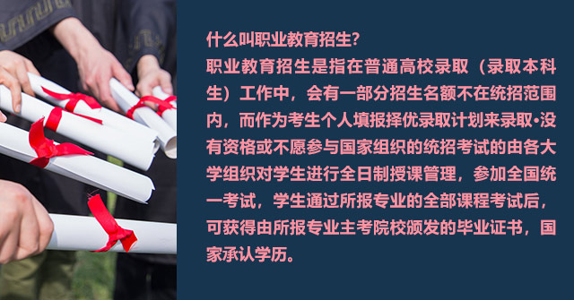 什么叫職業(yè)教育招生?職業(yè)教育招生是指在普通高校錄取(錄取本科生)工作中，會有一部分招生名額不在統(tǒng)招范圍內(nèi)，而作為考生個人填報(bào)擇優(yōu)錄取計(jì)劃來錄取·沒有資格或不愿參與國家組織的統(tǒng)招考試的由各大學(xué)組織對學(xué)生進(jìn)行全日制授課管理，參加全國統(tǒng)一考試，學(xué)生通過所報(bào)專業(yè)的全部課程考試后,可獲得由所報(bào)專業(yè)主考院校頒發(fā)的畢業(yè)證書，國家承認(rèn)學(xué)歷。